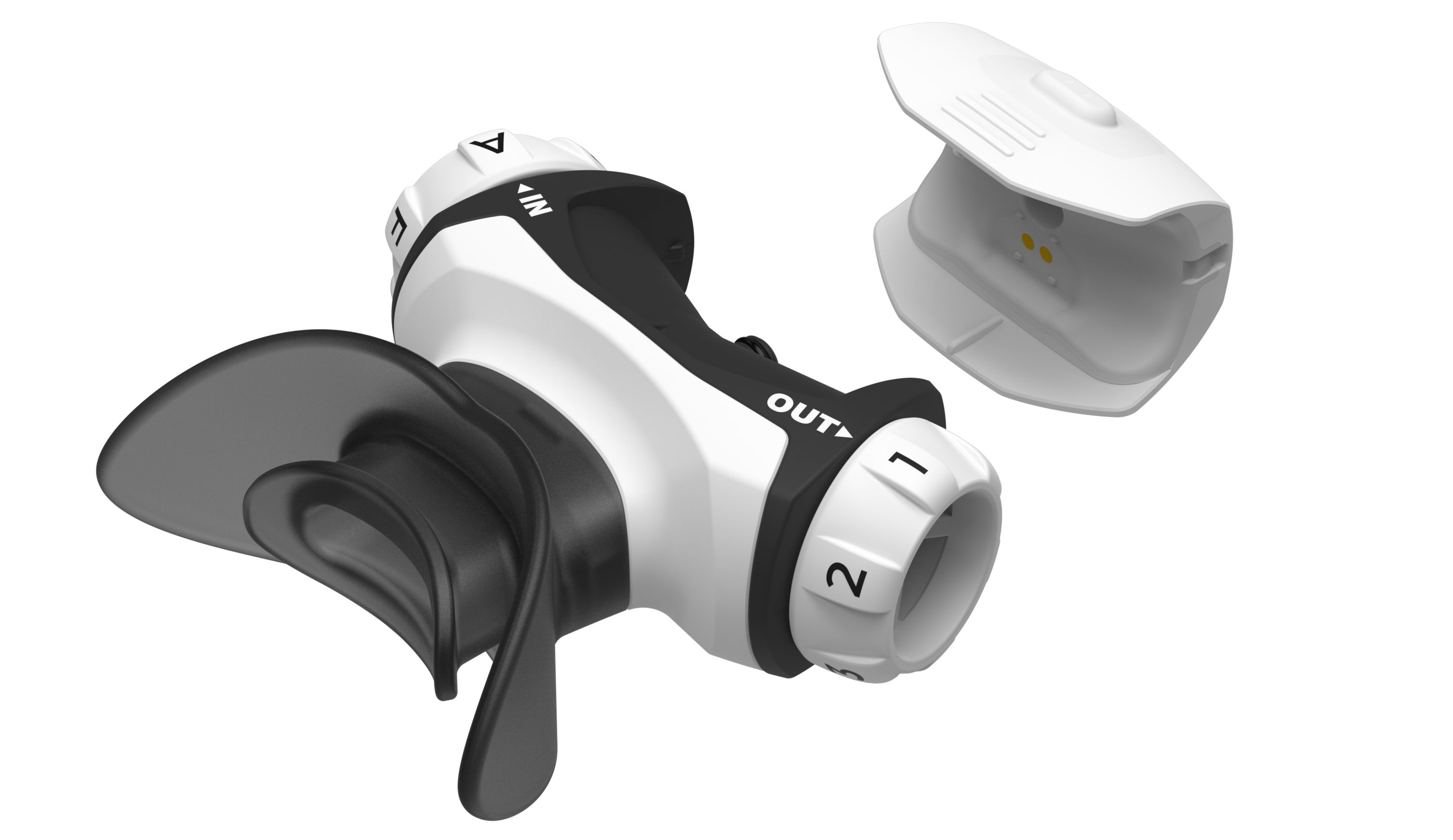 Allenatore respiratorio bianco e nero. Manopole con numeri e lettere. Boccaglio e parte separata.