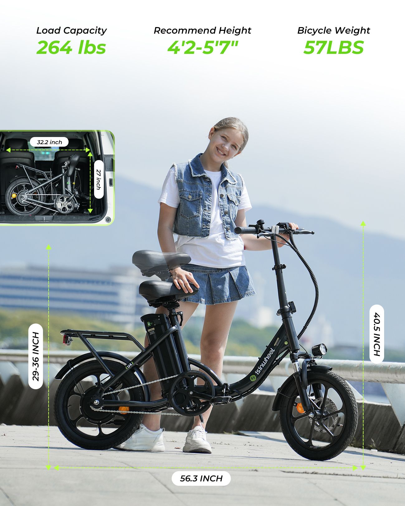 E-bike nera con persona. Dimensioni: 56,3 pollici di lunghezza, 40,5 pollici di altezza, altezza sella 29-36 pollici. Carico max 264 lbs, peso 57 lbs.