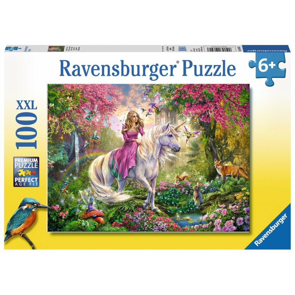 Scatola puzzle. Soggetto: ragazza su unicorno in una scena boschiva. Marca: Ravensburger. 100 pezzi XXL. Da 6 anni.