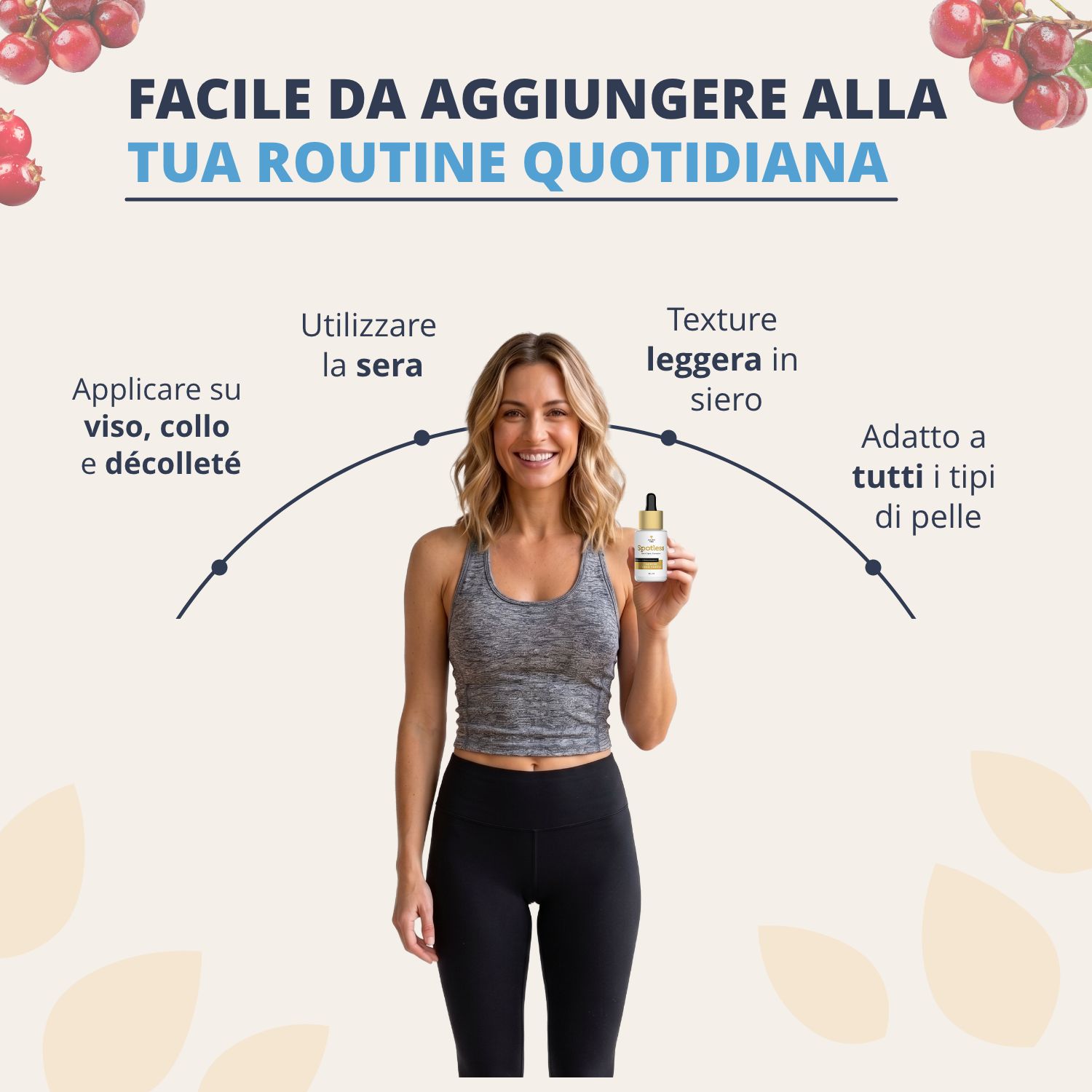 Donna che tiene un flacone di siero Golden Tree Spotless, integrabile nella routine quotidiana.