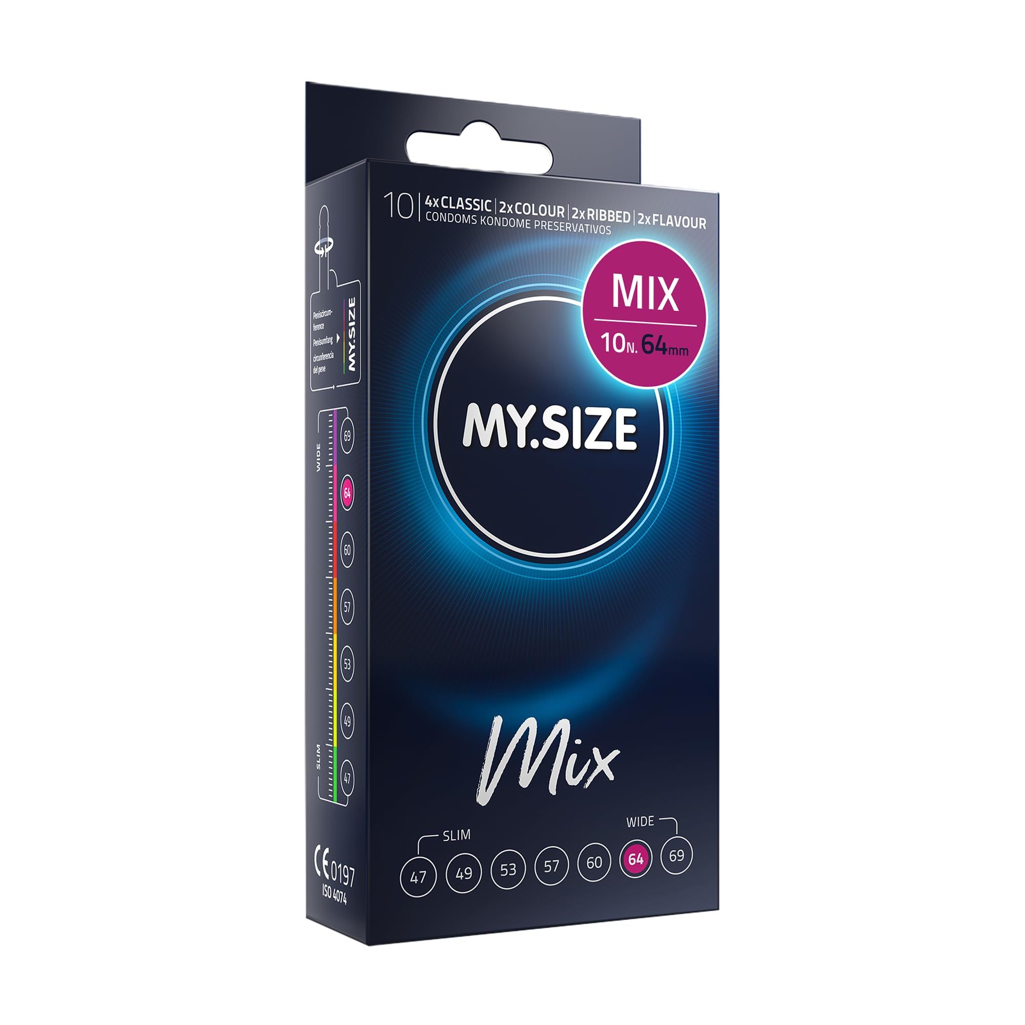 Preservativi MY.SIZE Mix, 10 pezzi, misura 64mm. 4 Classic, 2 Colour, 2 Ribbed, 2 Flavour.