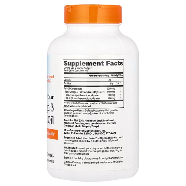 Retro di un flacone di olio di pesce Doctor's Best Omega 3 con informazioni nutrizionali e ingredienti. Bianco con tappo arancione.