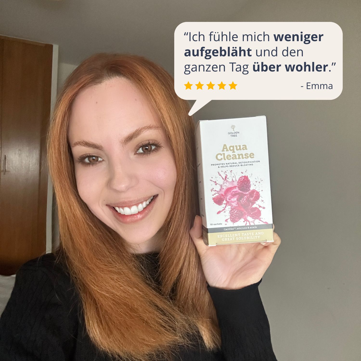 Golden Tree Aqua Cleanse: Emma si sente meno gonfia e più a suo agio. Valutazione 5 stelle.