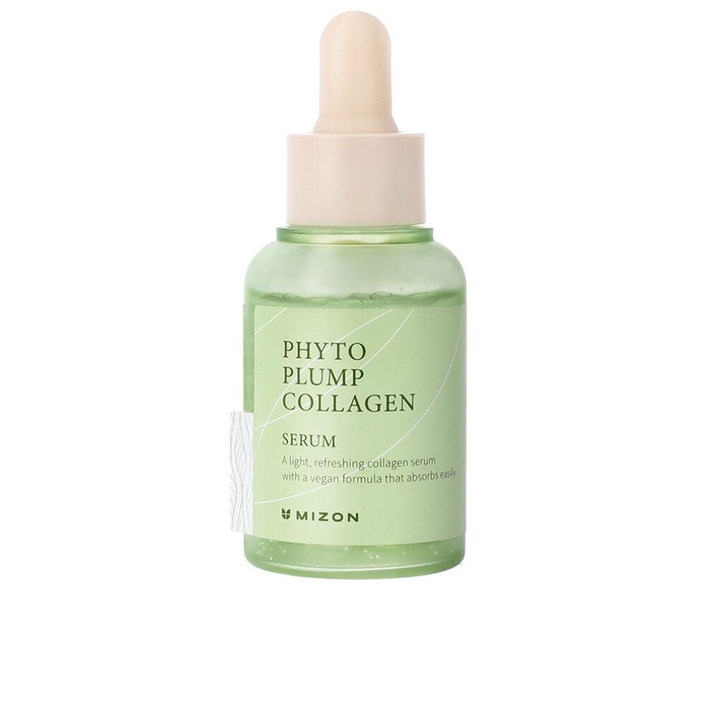 Flacone di siero verde con 'Phyto Plump Collagen' e pipetta. Scritta e colore chiaro.