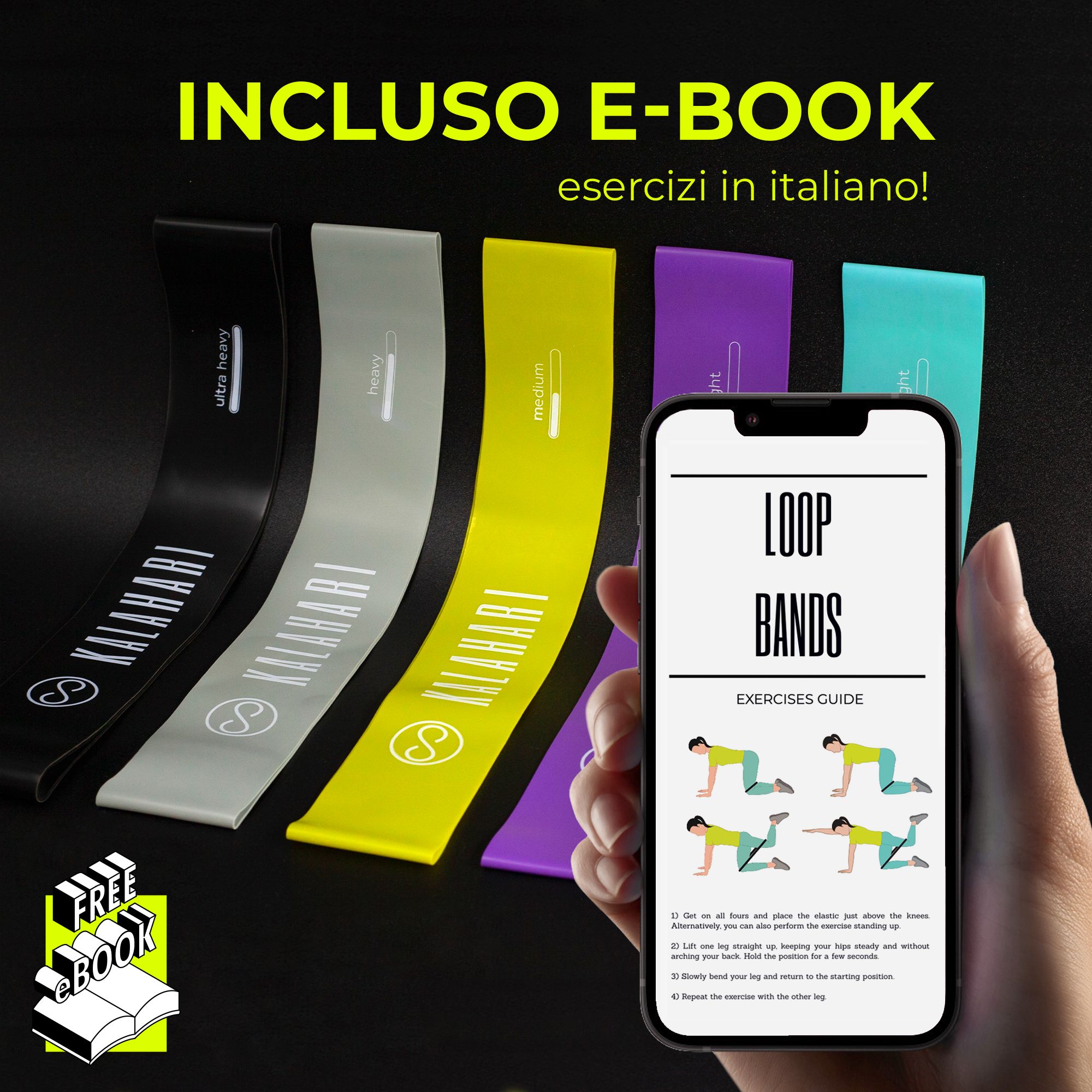 KALAHARI Elastici Fitness Set di 5 + eBook esercizi, Fascia elastica con 5 livelli di Resistenza