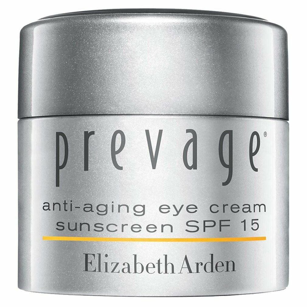 Vasetto di crema con coperchio argentato. Scritta: Prevage, Anti-Aging Eye Cream, Sunscreen SPF 15, Elizabeth Arden.