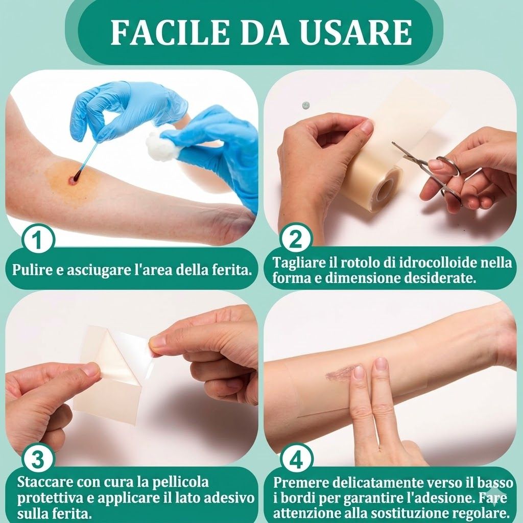 Istruzioni per l'uso dei cerotti. 1. Pulire la ferita. 2. Tagliare il cerotto. 3. Rimuovere la pellicola protettiva. 4. Premere i bordi.