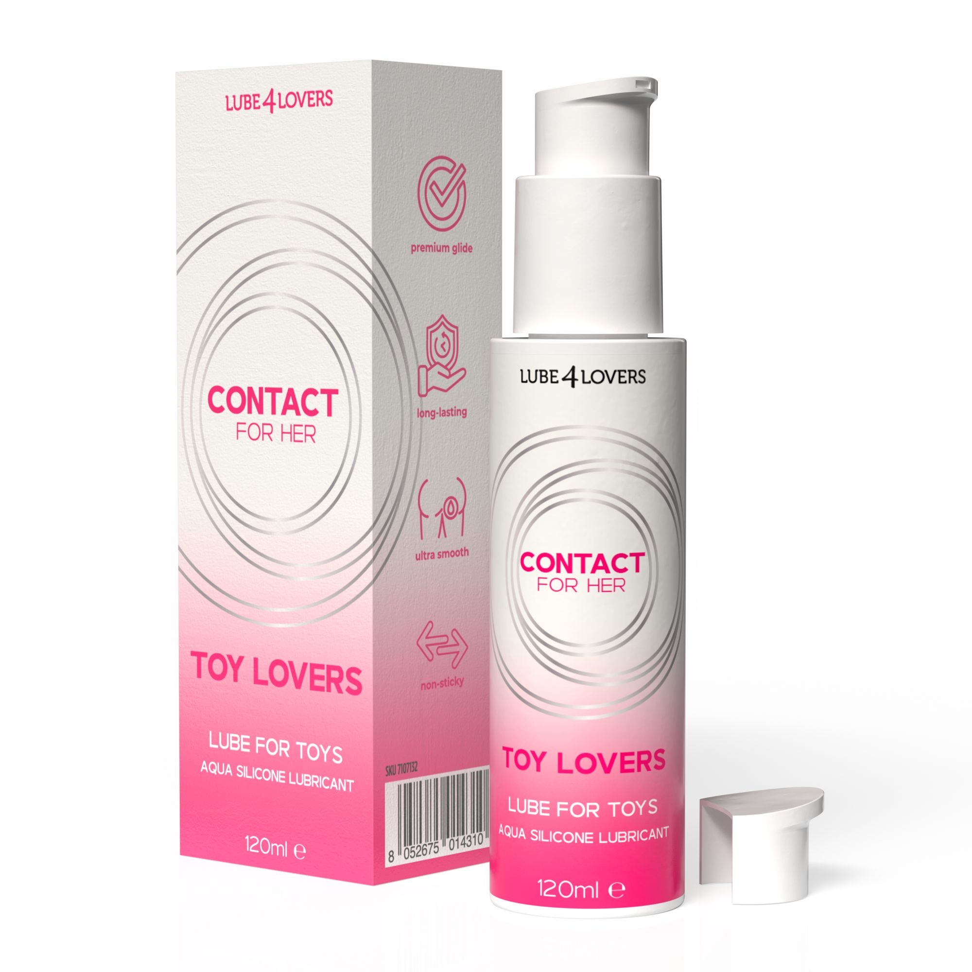 Flacone bianco con etichetta rosa e dispenser. Testo: CONTACT FOR HER, TOY LOVERS, LUBE FOR TOYS. Confezione con icone e testo.