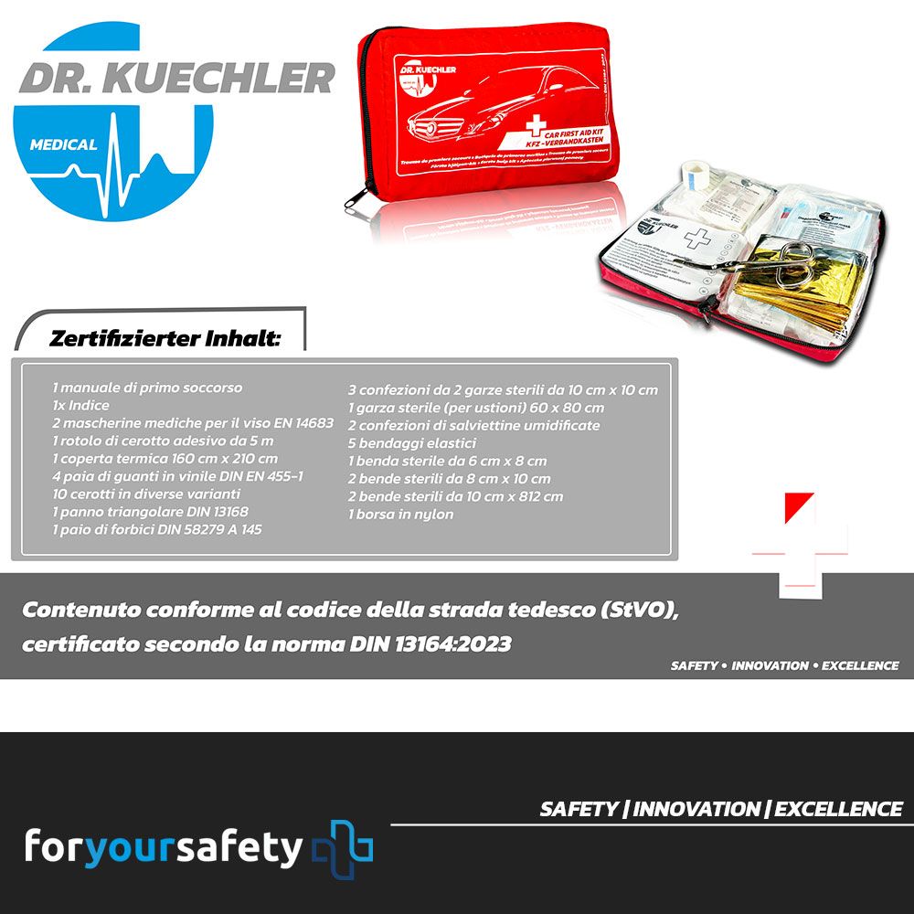 Borsa per pronto soccorso auto aperta con contenuto. Testo: Contenuto conforme alla norma DIN 13164. Marchio: Dr. Kuechler Medical.