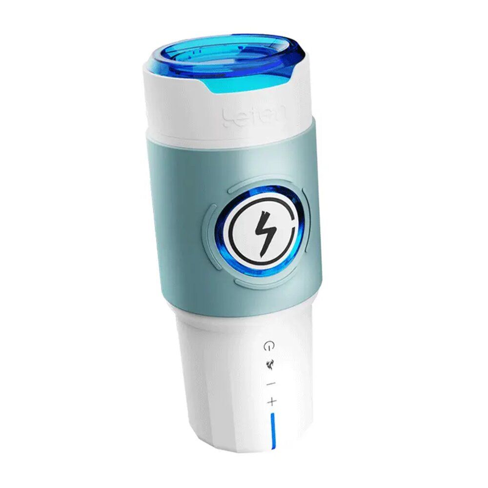 Dispositivo cilindrico bianco-blu, pannello comandi e logo luminoso. Parte superiore blu, inferiore bianca. Inclinato.