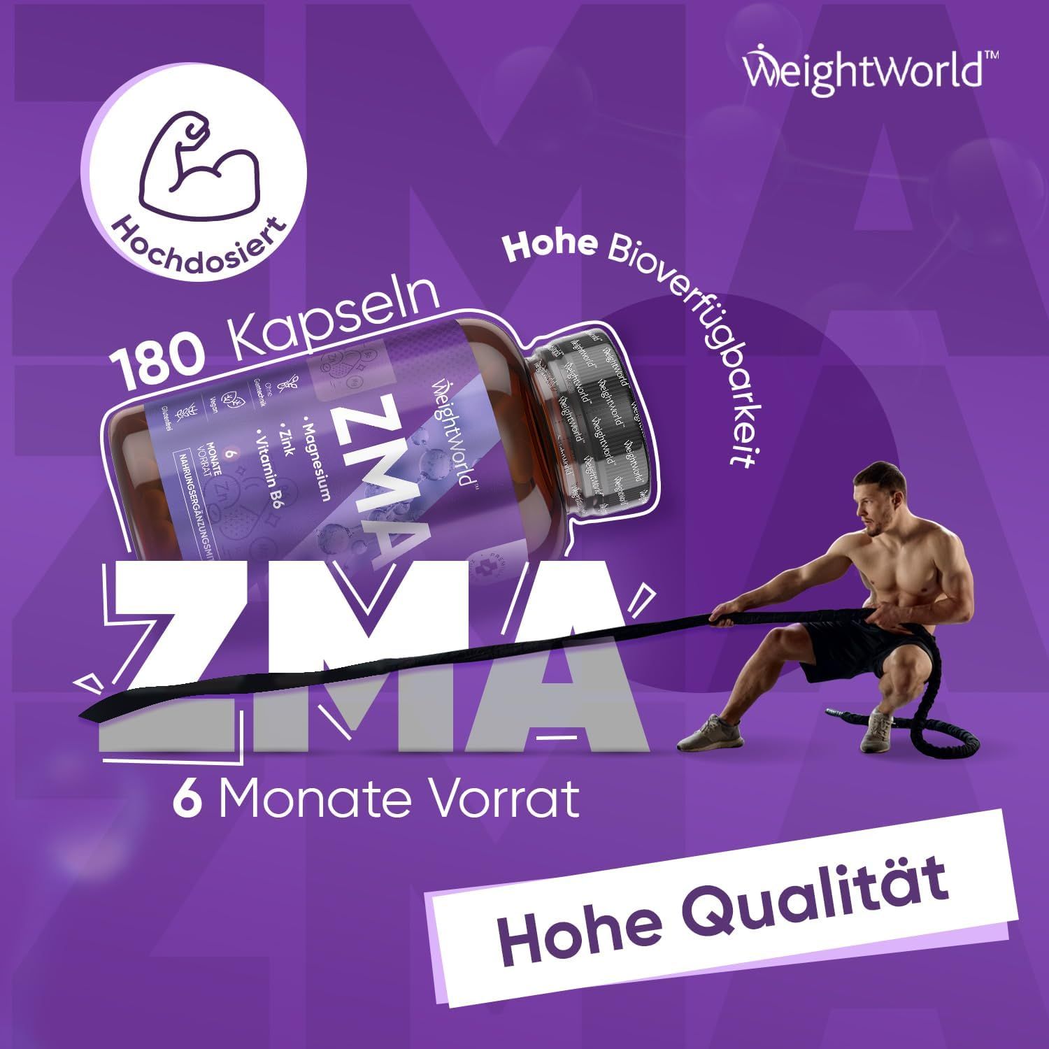 WeightWorld ZMA capsule, 180 capsule, 6 mesi di scorta. Un uomo tira una corda. Testo: Alta biodisponibilità, Alta qualità.