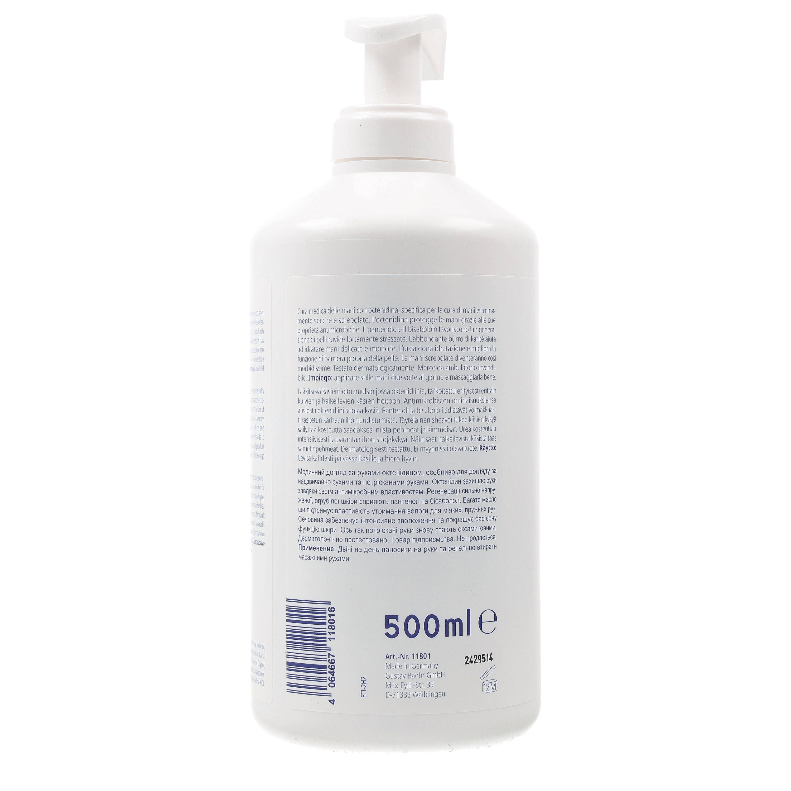 Retro di un flacone bianco con dosatore a pompa. Testo in più lingue. Volume: 500 ml.