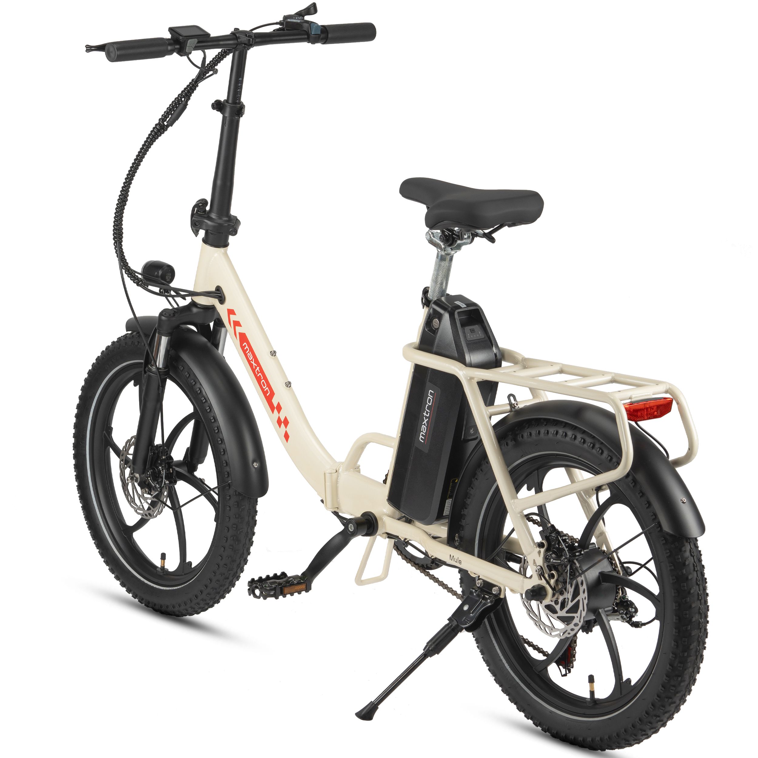 E-bike pieghevole crema, pneumatici neri, logo Maxtron. Portapacchi, batteria, faro.