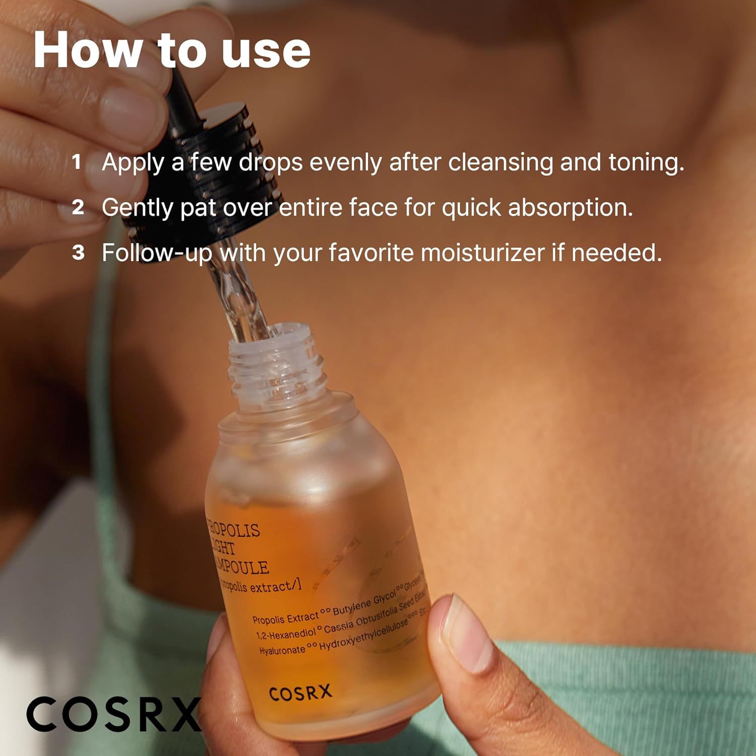 Istruzioni per l'uso: applicare gocce sul viso, tamponare delicatamente, idratare. Prodotto: Propolis Light Ampoule.