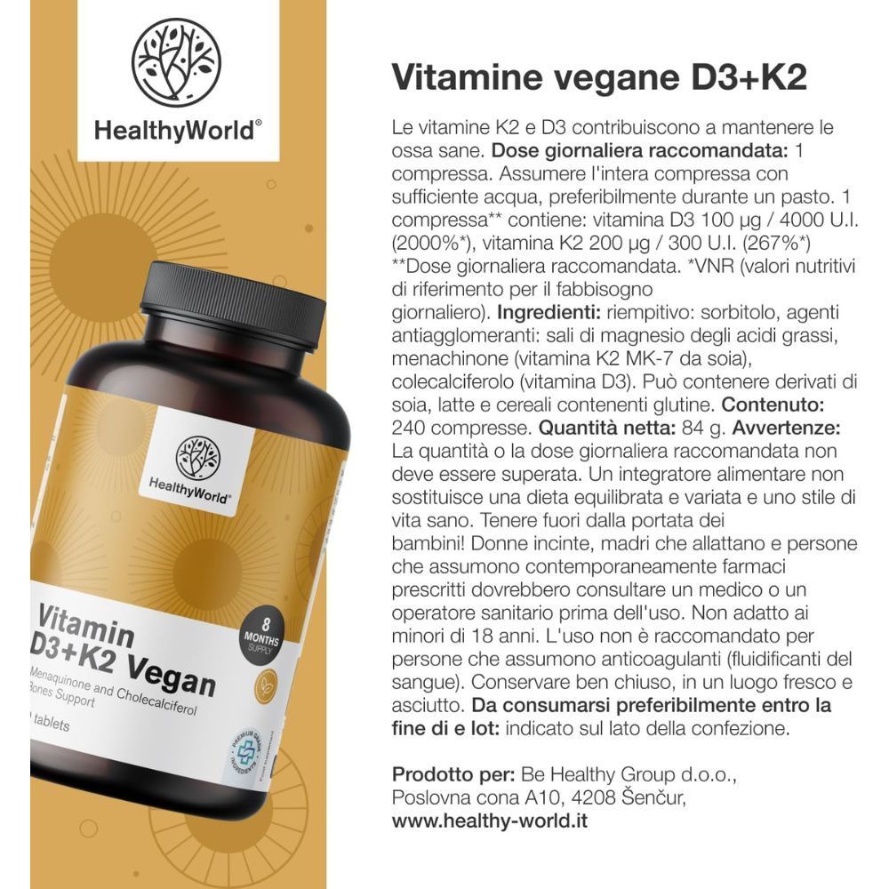 Testo e flacone di vitamine D3+K2 Vegan. Testo: Vitamine vegane D3+K2. Marchio: HealthyWorld.