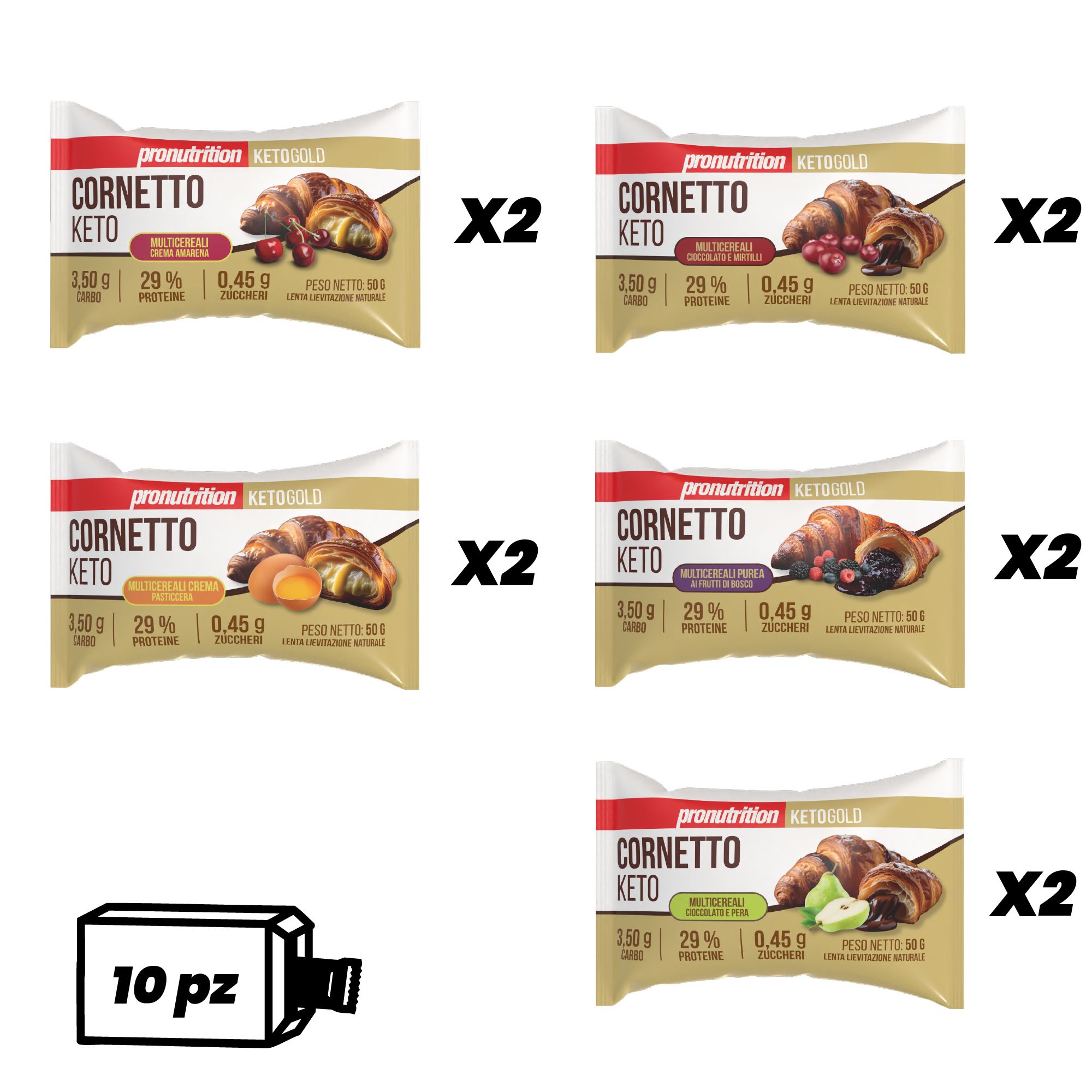 Diverse confezioni Pronutrition Cornetto Keto. Scritta: Keto, 10 pezzi. Gusti misti.
