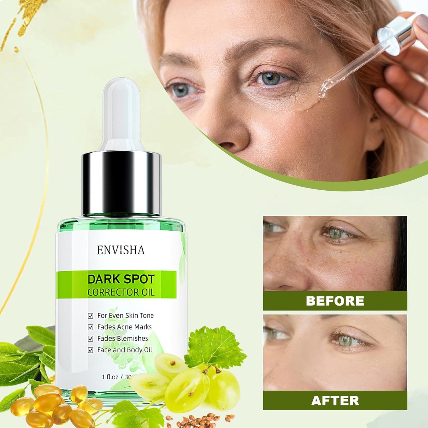 Flacone di vetro verde con contagocce. ENVISHA Dark Spot Corrector Oil. Effetto prima/dopo. Donna con contagocce. Uva, capsule.