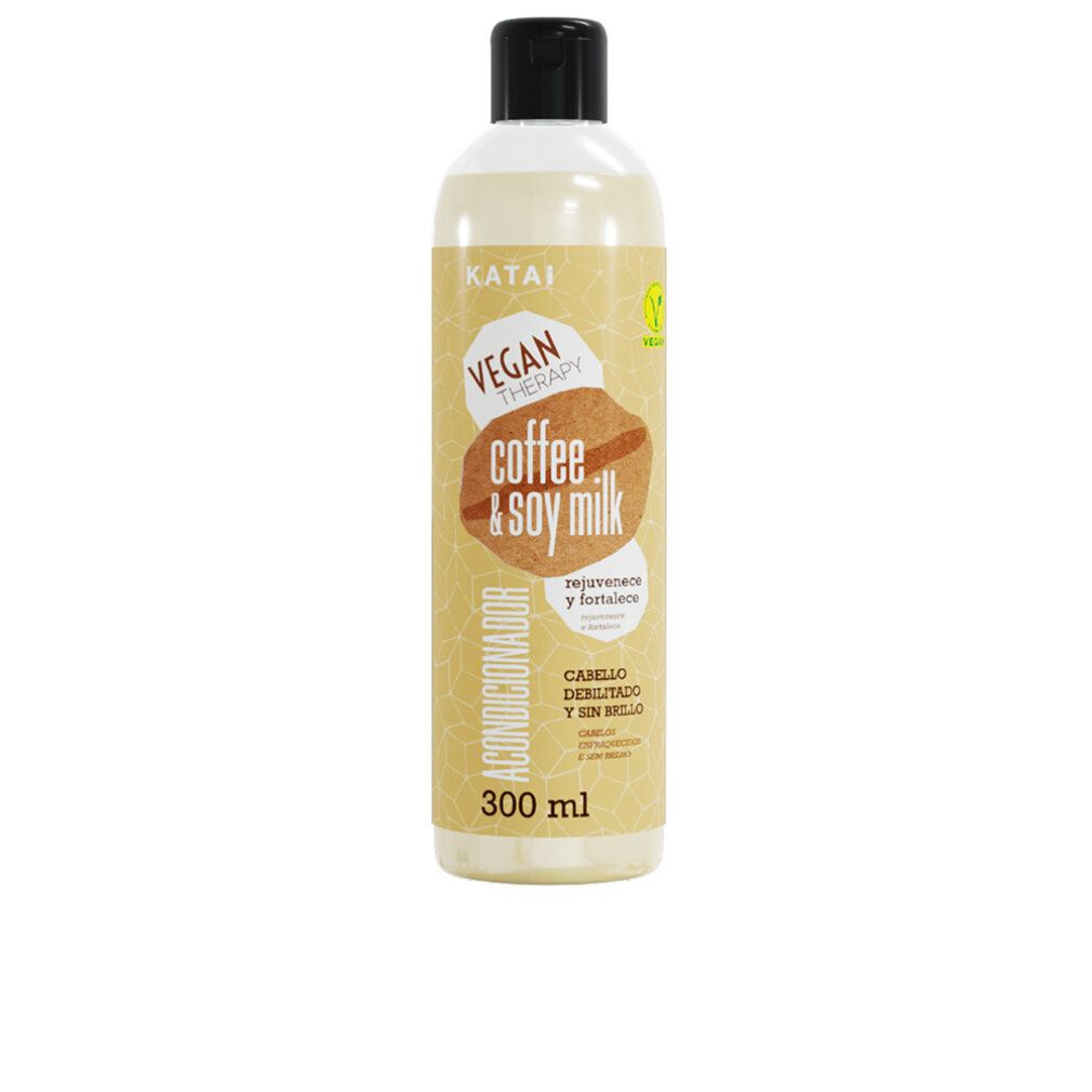 Flacone di Katai Balsamo al caffè e latte di soia. Vegan Therapy. Caffè & latte di soia. Acondicionador. 300 ml. Tappo nero.