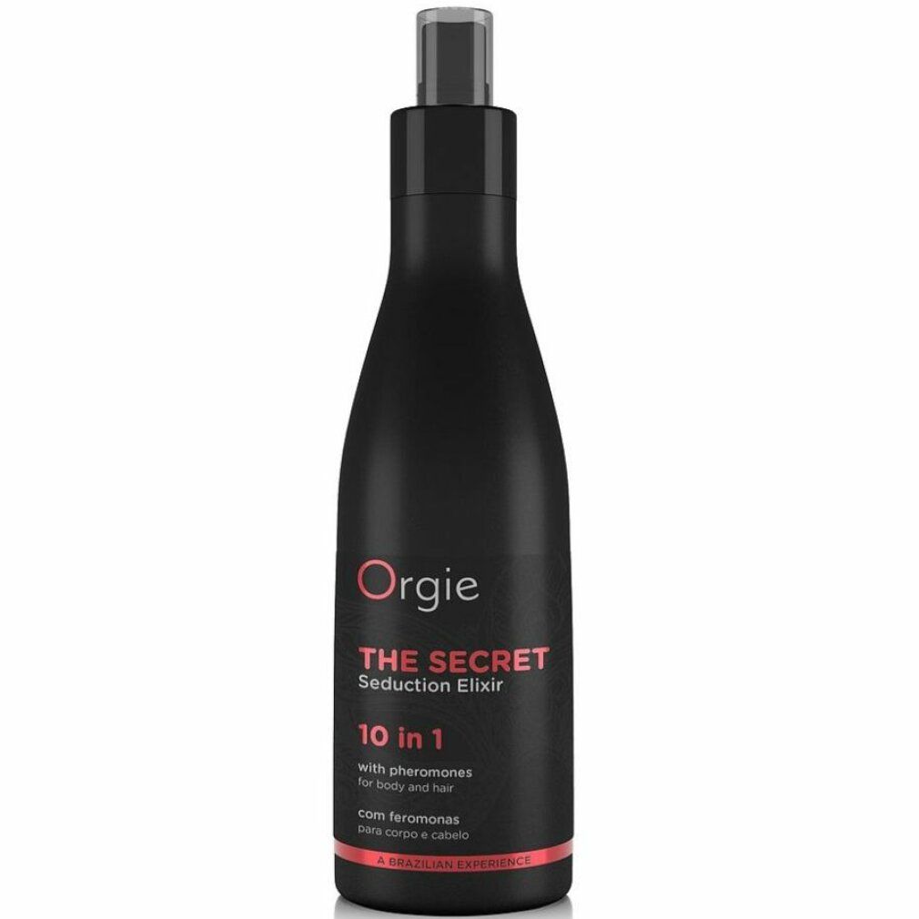 Flacone nero con vaporizzatore. Scritta: Orgie, The Secret Seduction Elixir, 10 in 1. Con feromoni.