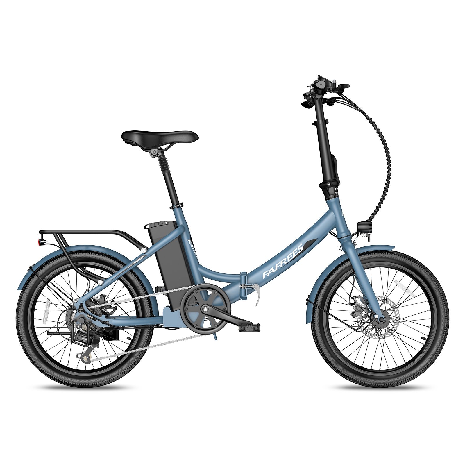 E-bike pieghevole blu con sella nera e portapacchi. Marchio FAFREES visibile sul telaio.