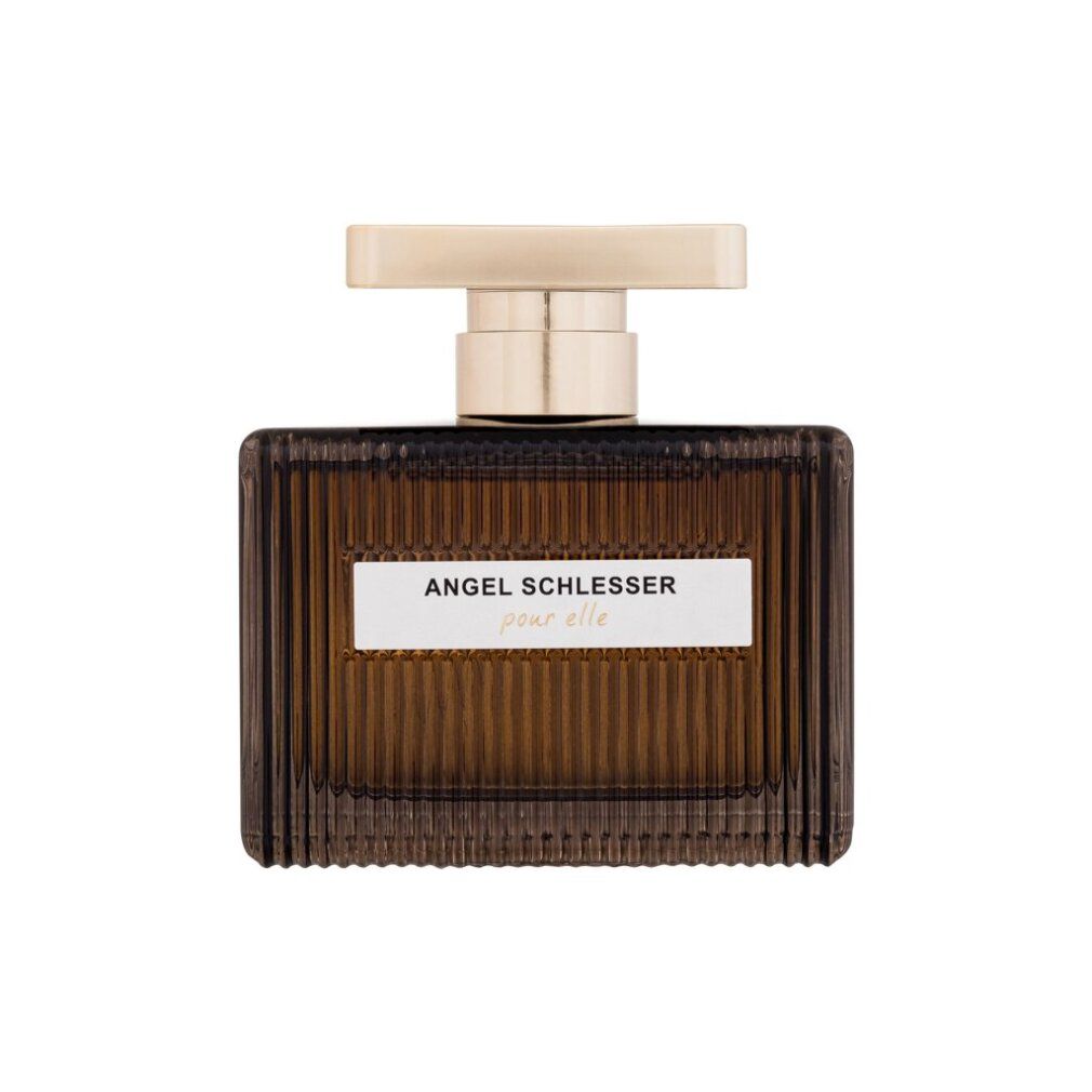 Flacone di profumo rettangolare con tappo dorato. Scritta: Angel Schlesser pour elle.