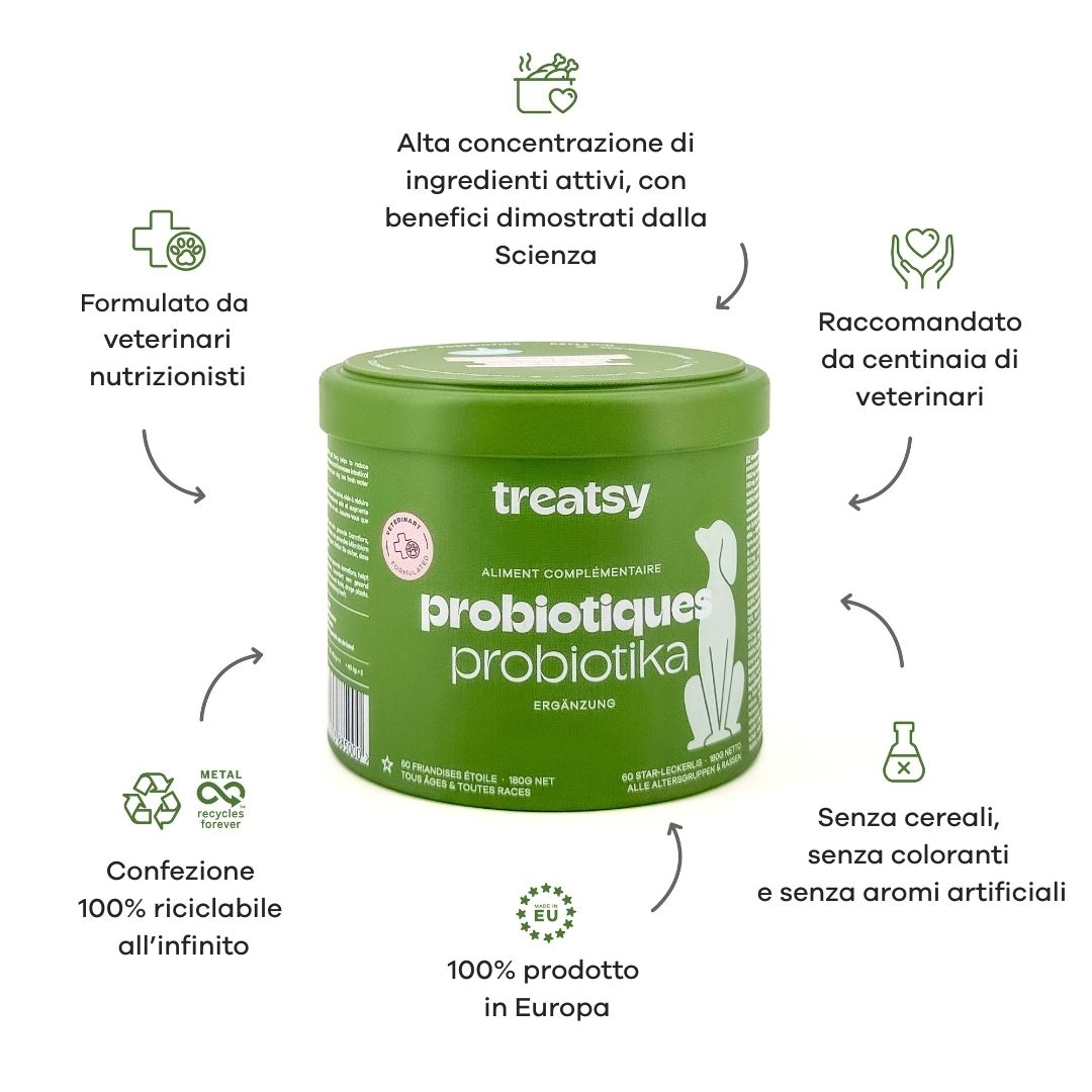 Barattolo verde con "Treatsy Probiotiques Probiotika". Informazioni aggiuntive: 100% riciclabile, prodotto in Europa.