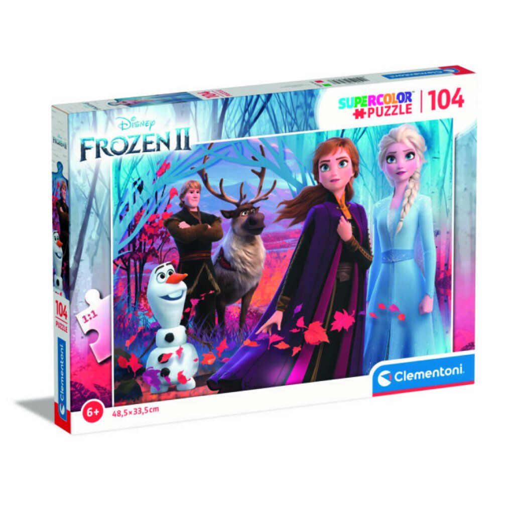 Puzzle Clementoni Frozen 2, 104 pezzi. Confezione con personaggi del film. Dimensioni: 48,5 x 33,5 cm. Età: 6+