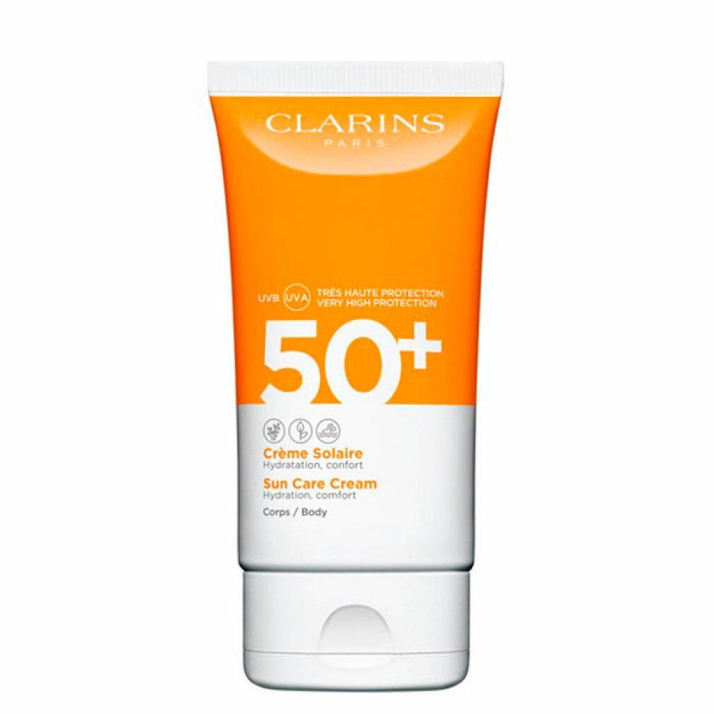 Tubo Clarins Crème Solaire Corps UVA/UVB 50+. Arancione e bianco. Testo: 50+, Crème Solaire, Sun Care Cream. Per il corpo.