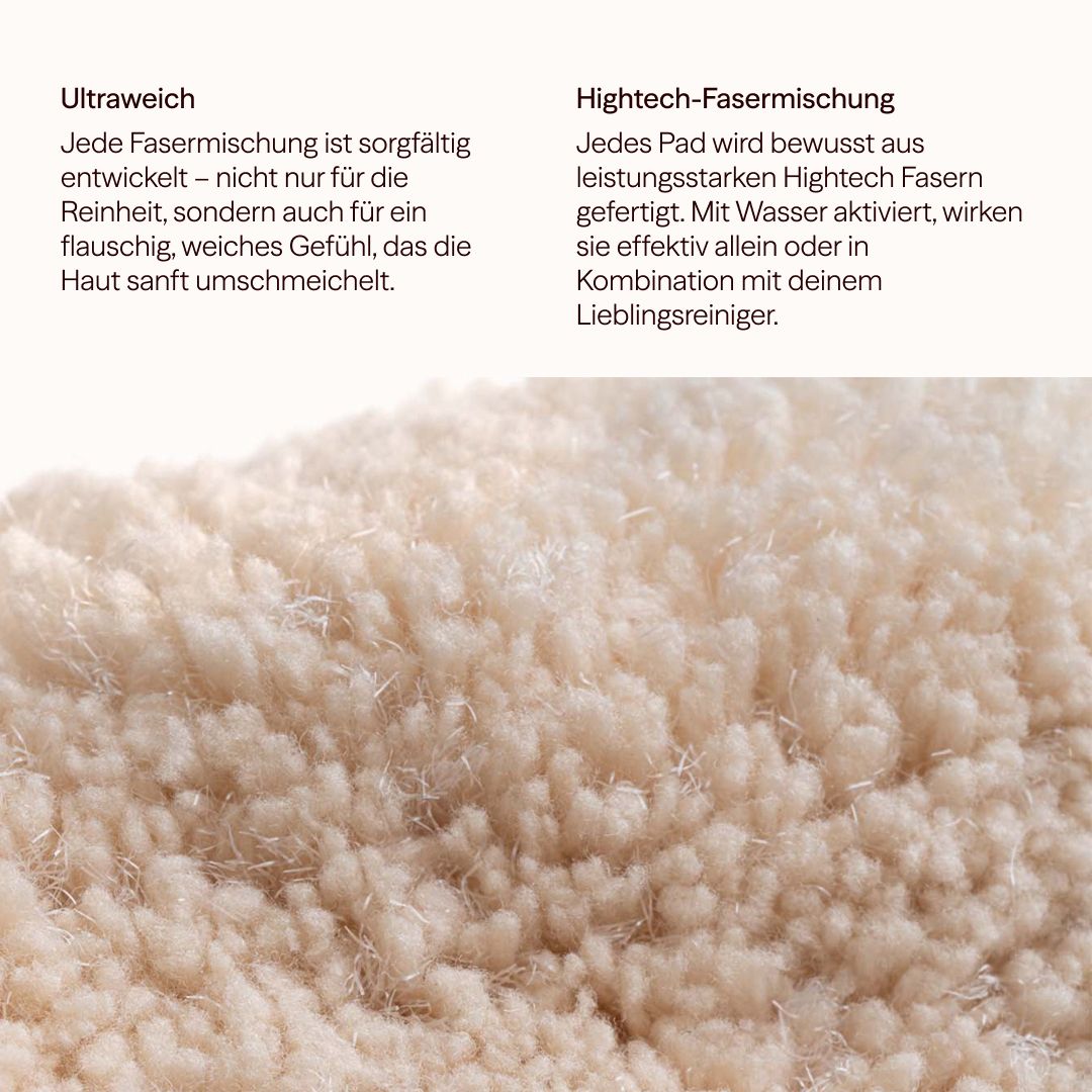Primo piano di un pad lavabile color crema, texture soffice. Testo: Ultra morbido, miscela di fibre high-tech.