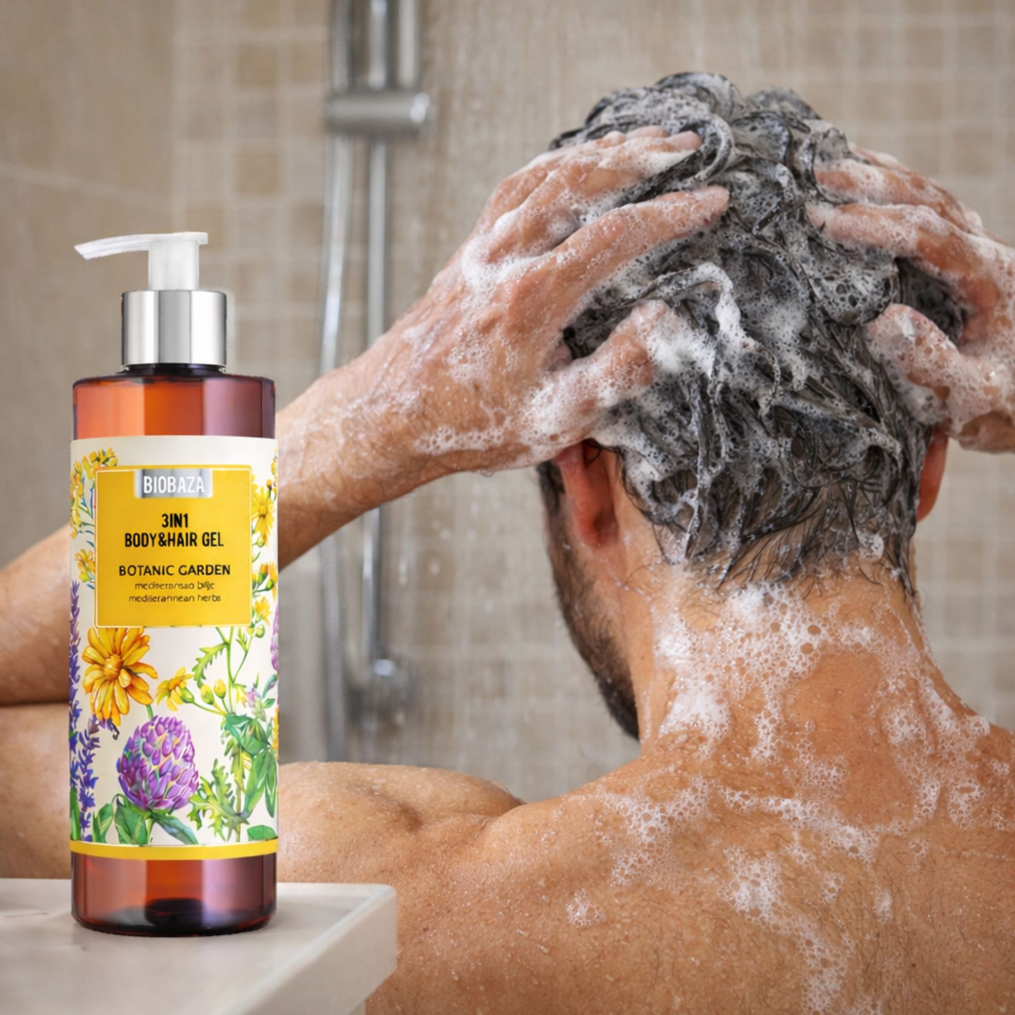 Flacone marrone con etichetta. Scritta: Biobaza 3in1 Body&Hair Gel Botanic Garden. Uomo che si lava i capelli.