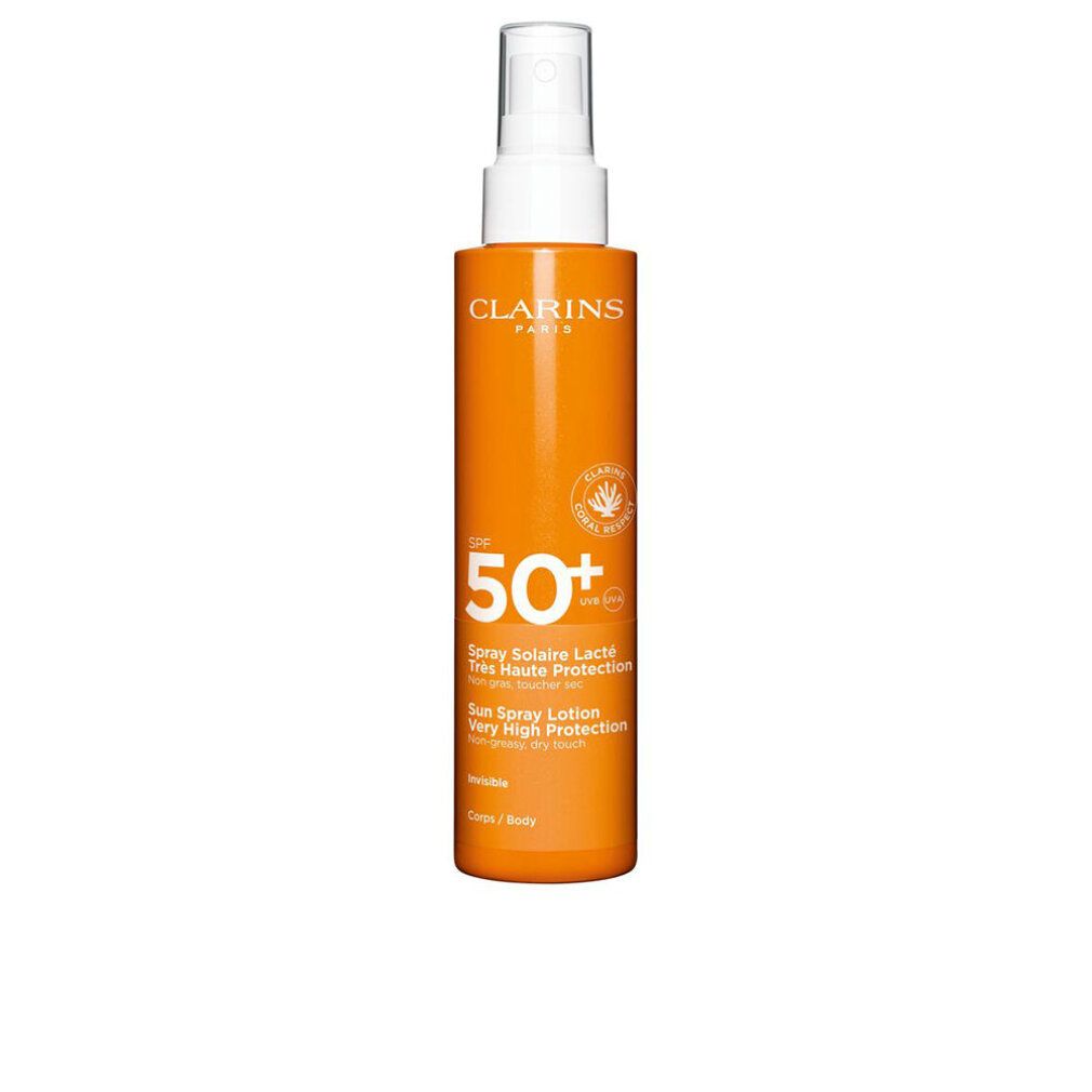 Flacone spray arancione con erogatore bianco. Testo: Clarins, SPF 50+, Sun Spray Lotion. Protezione molto alta.