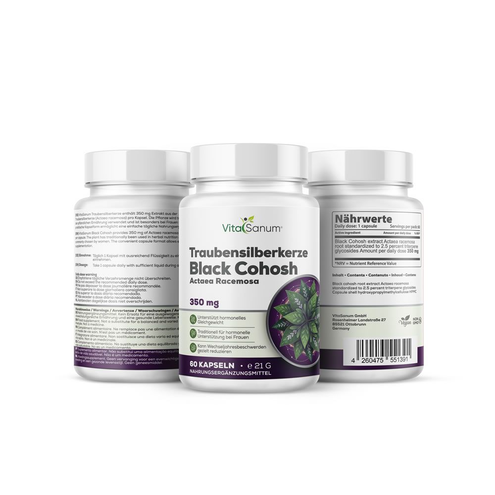 Tre flaconi VitaSanum® Traubensilberkerze Black Cohosh. 60 capsule. 350 mg. Contenitori di plastica bianca con coperchi bianchi.
