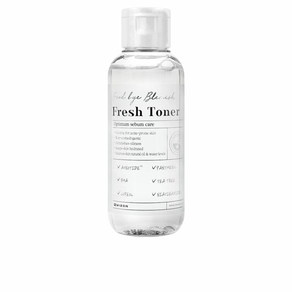 Flacone trasparente con tappo bianco. Scritta: Fresh Toner. Contiene ingredienti come Acnotide, BHA, Tea Tree.