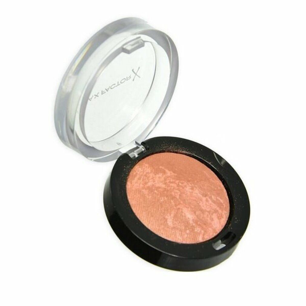 Fard Max Factor in contenitore nero rotondo con coperchio trasparente. Il fard è color pesca con sfumature.