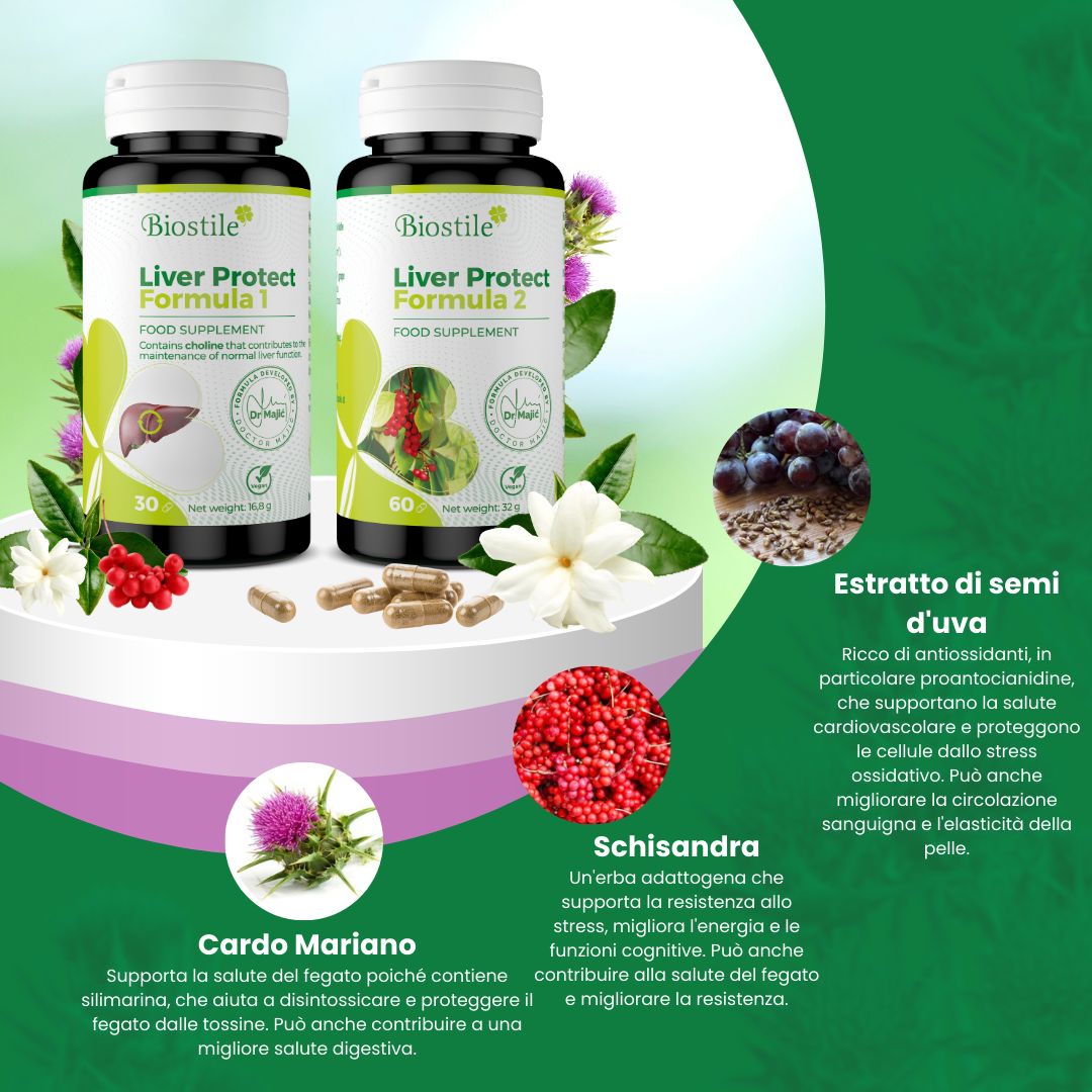 Due flaconi "Biostile Liver Protect Formula 1" e "Formula 2". Testo con raccomandazioni di dosaggio.