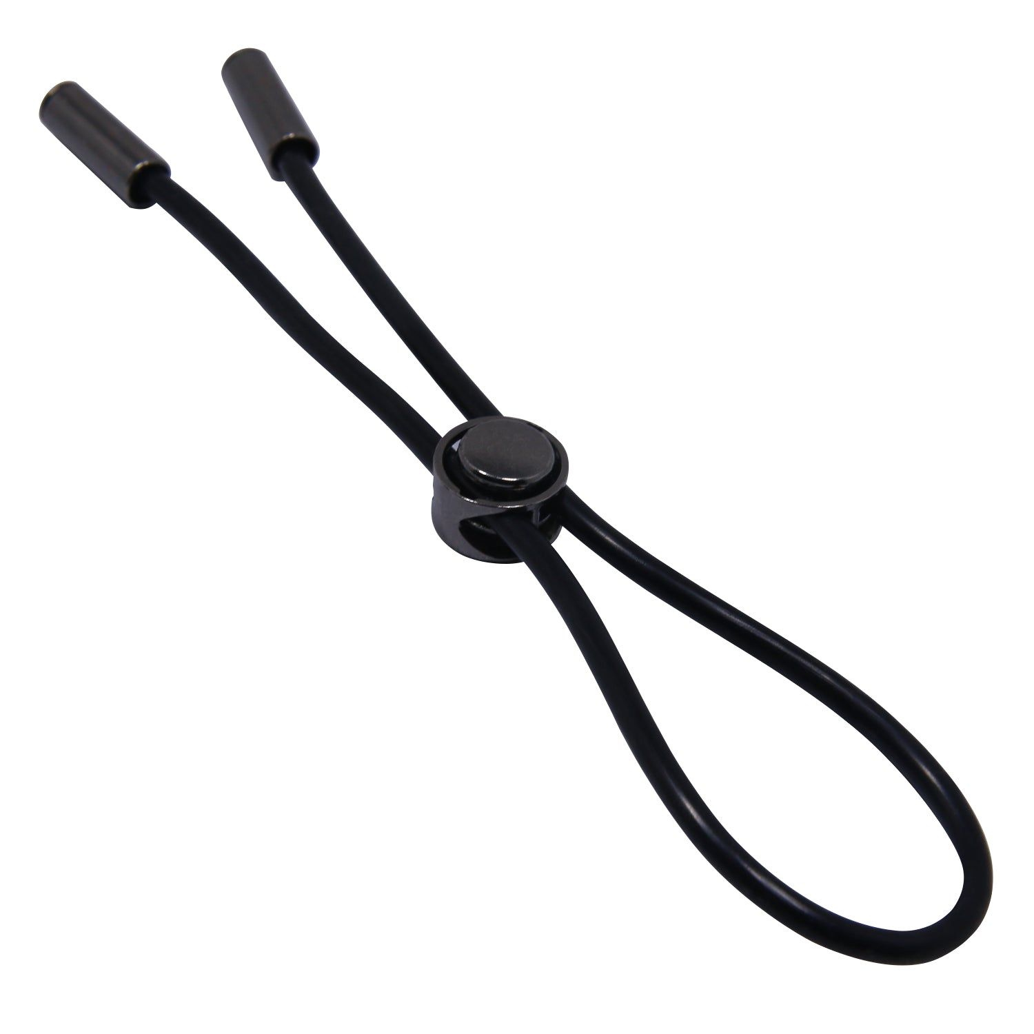 Anello nero con anello regolabile e due estremità. Un bottone al centro.