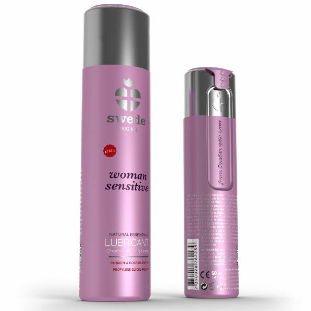 Flacone rosa con tappo argentato. Scritta: Swede, woman sensitive, Lubricant. pH 4.5.