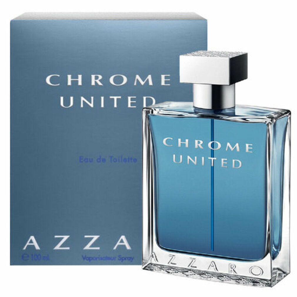 Flacone di profumo e scatola. Scritta: CHROME UNITED, AZZARO. Flacone quadrato, tappo argentato. Scatola blu.