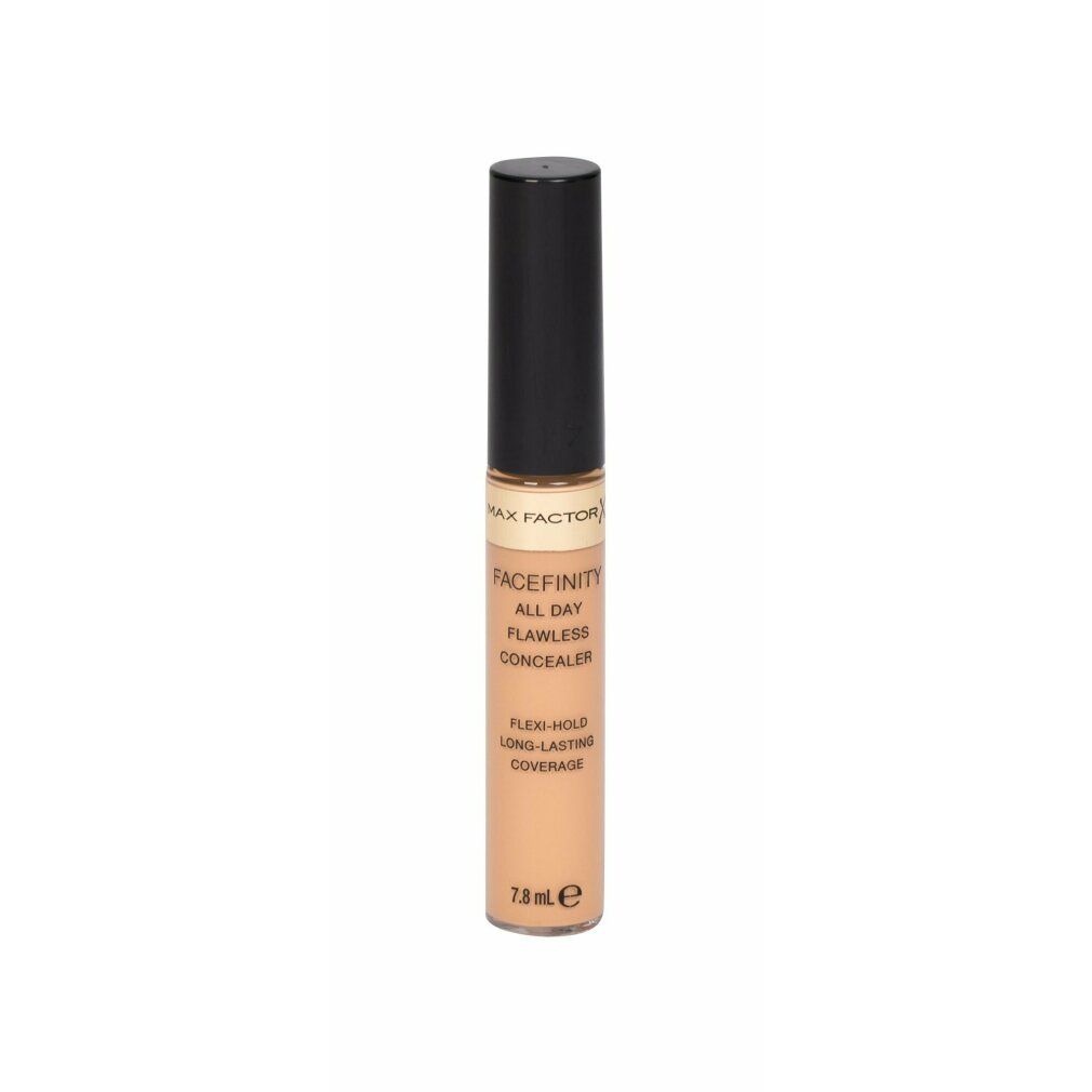 Tubo correttore con tappo nero. Scritta: Max Factor, Facefinity All Day Flawless Concealer, Flexi-Hold, Long-lasting Coverage.