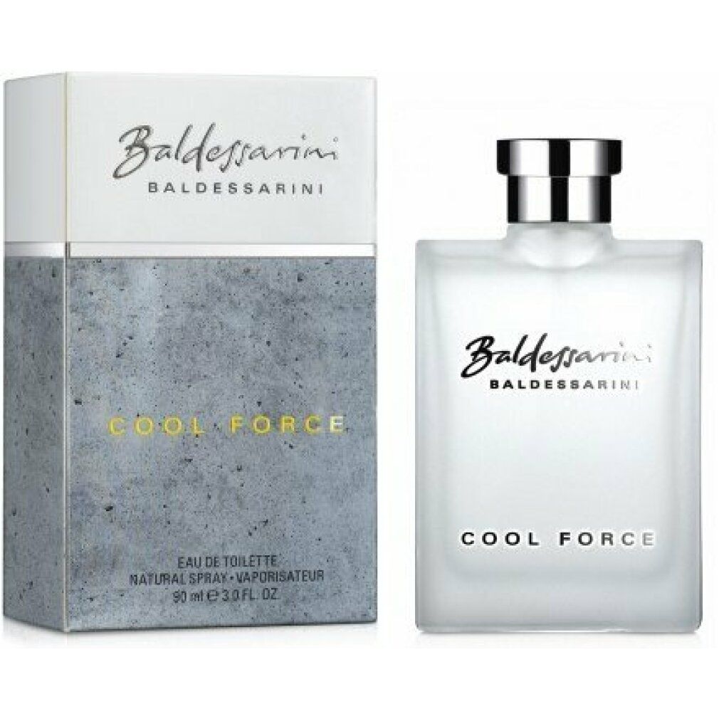 Flacone e confezione Baldessarini Cool Force Edt Spray. Flacone bianco, tappo argento, confezione grigia.