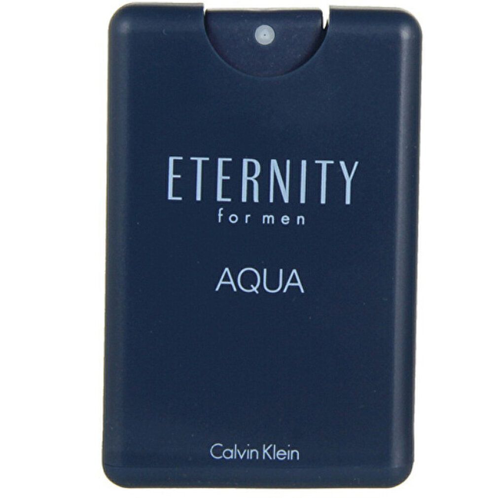 Astuccio rettangolare blu scuro con vaporizzatore. Scritta: ETERNITY for men AQUA. Marchio: Calvin Klein.