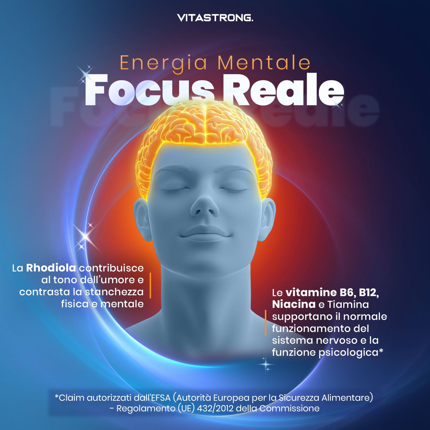 Grafica con una testa che mostra un cervello luminoso. Testo: Focus Reale, Energia Mentale. Informazioni sugli ingredienti.