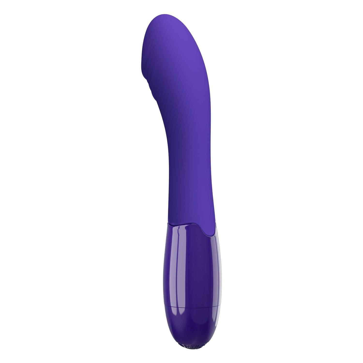 Vibratore viola. Forma curva con estremità arrotondata. Parte inferiore trasparente. Superficie liscia.
