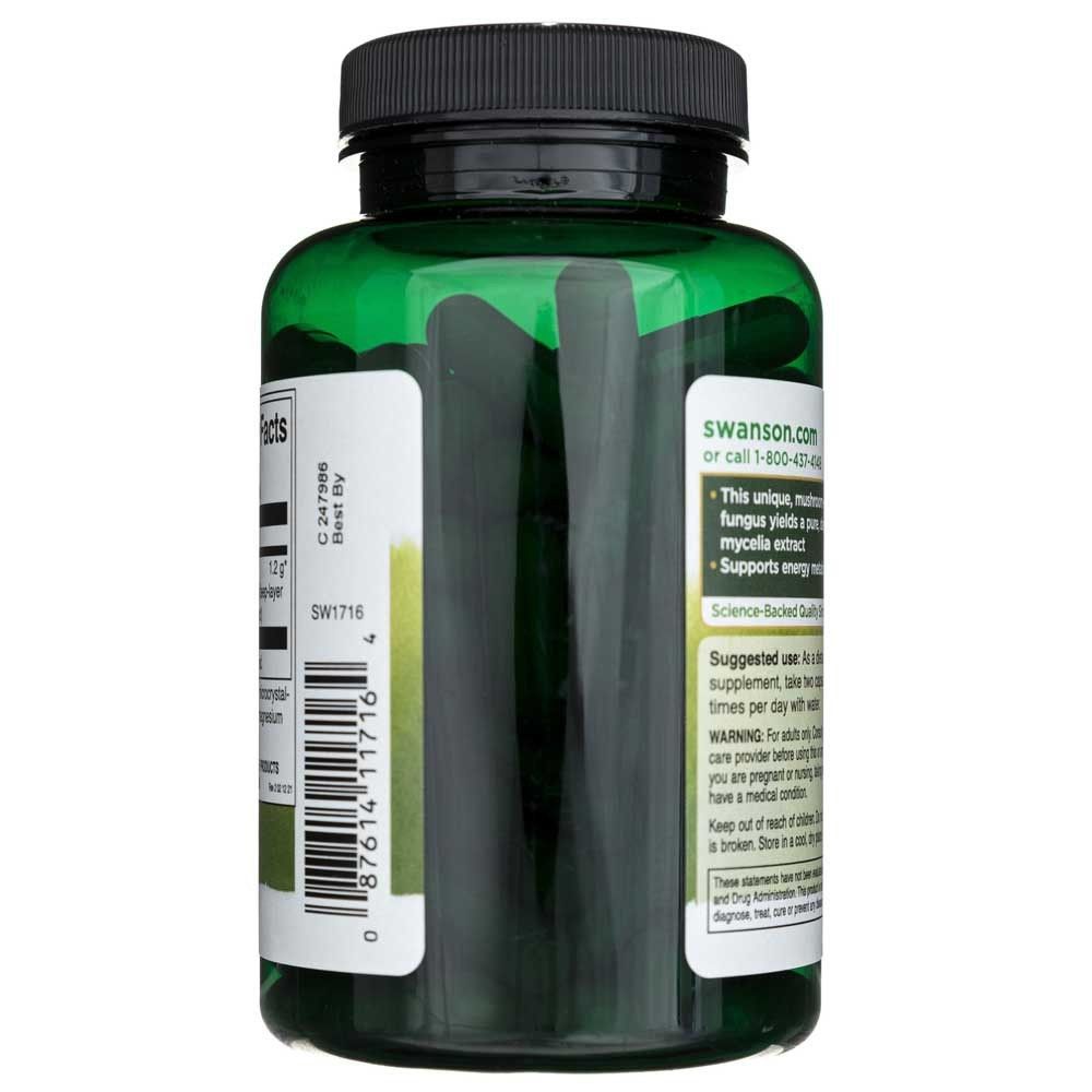 Lato di un flacone verde SWANSON Cordyceps, con informazioni sul supporto energetico.