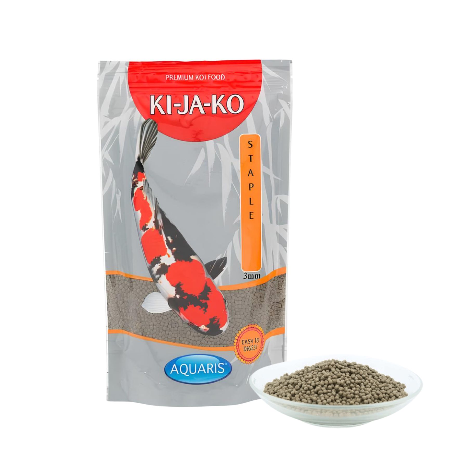 Confezione di KI-JA-KO Koifischfutter Staple 1 kg / 3mm. Illustrazione di una carpa koi. Striscia arancione con testo.