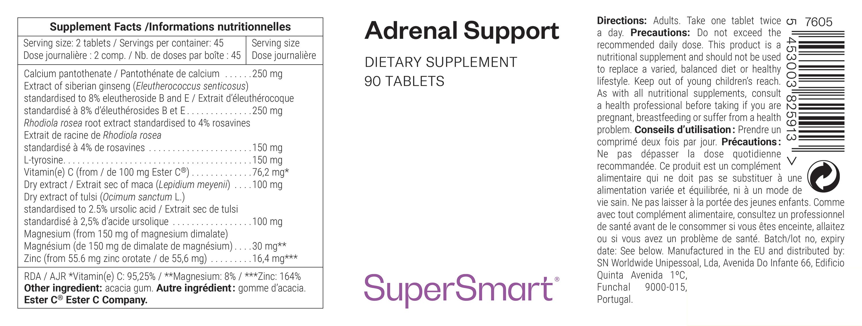Etichetta con informazioni nutrizionali e ingredienti. Prodotto: Adrenal Support. Marchio: SuperSmart. Contiene 90 compresse. Testo in tedesco e francese.