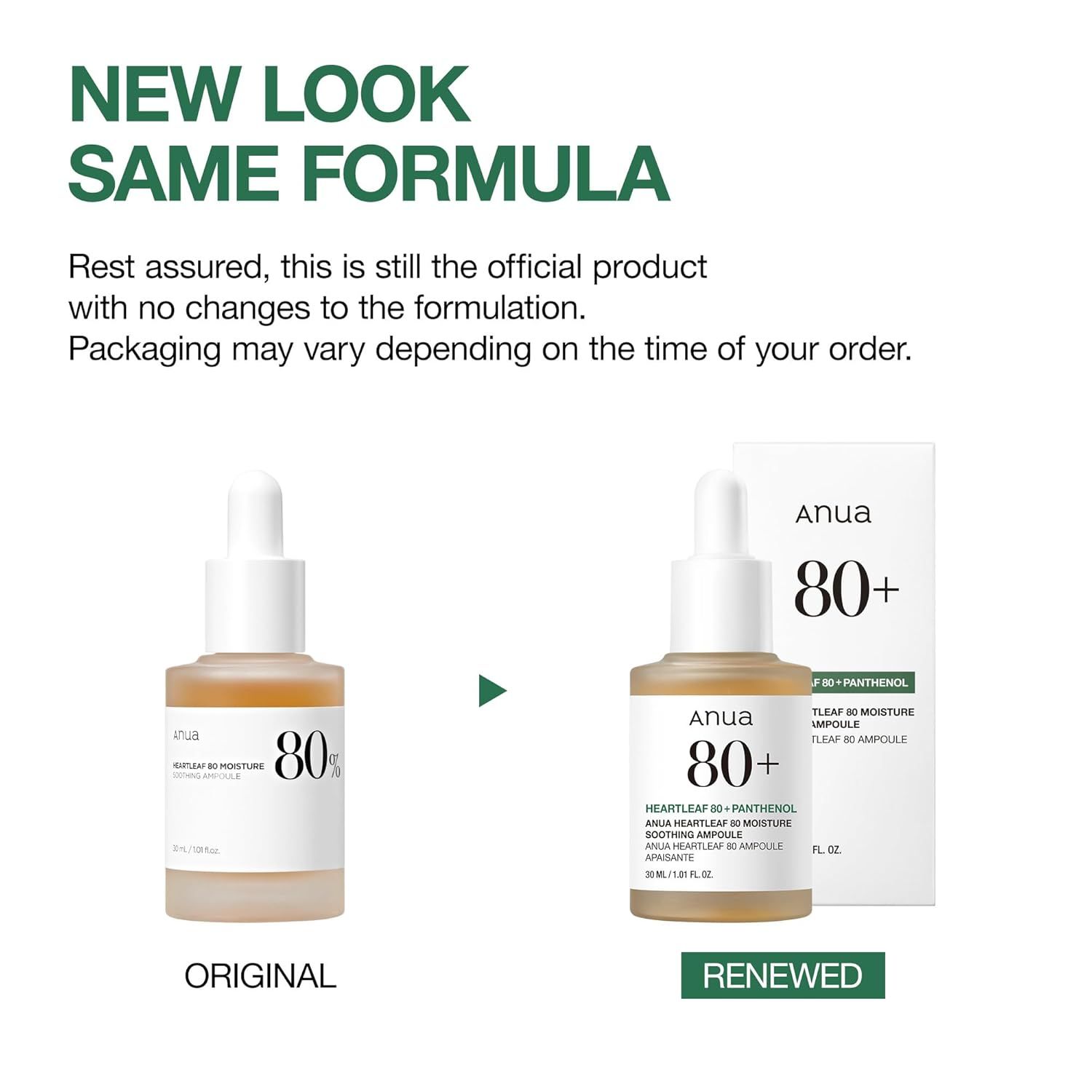 Due flaconi, uno con etichetta 'Original', l'altro 'Renewed'. Testo: 'New Look, Same Formula'. Prodotto: Anua Heartleaf 80%.