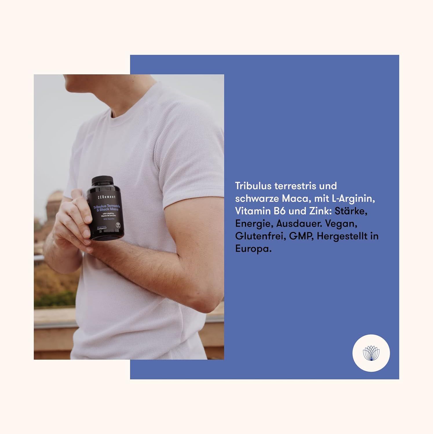 Uomo tiene flacone Zenement Tribulus Terrestris & Black Maca. Testo: Senza glutine, Vegano, GMP, prodotto in Europa.