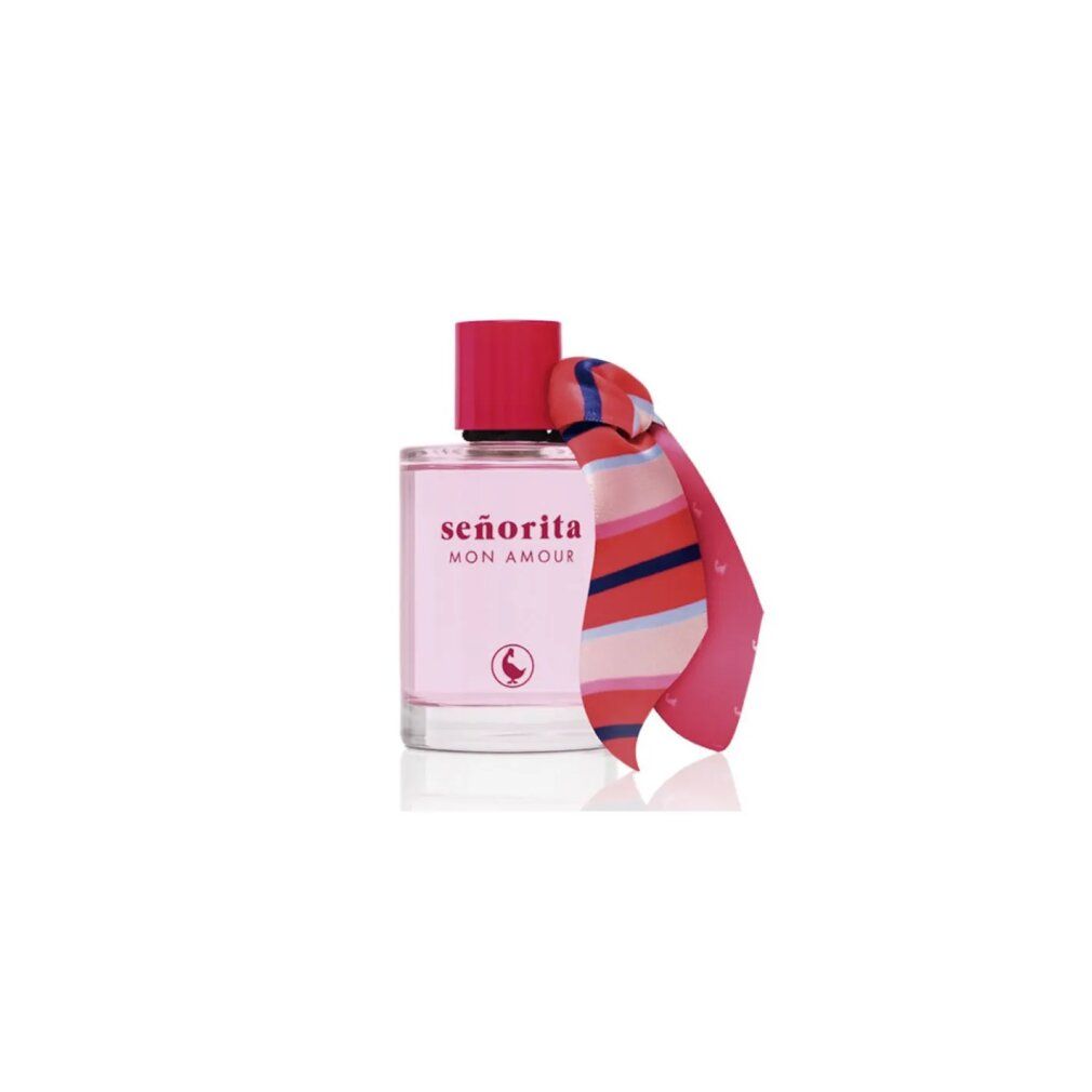 Flacone in vetro con liquido rosa, tappo rosso e nastro colorato. Scritta: señorita MON AMOUR. Logo.