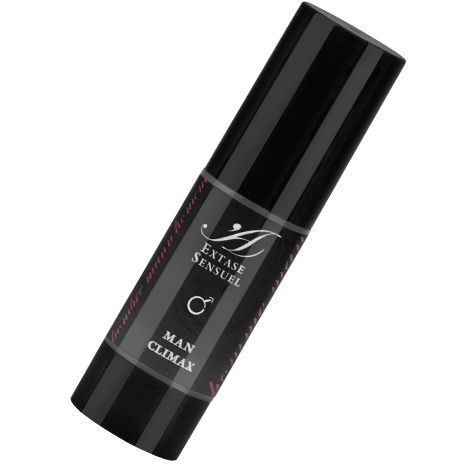 Flacone nero con pompa, posizionato in diagonale. Scritta "Extase Sensuel MAN CLIMAX".